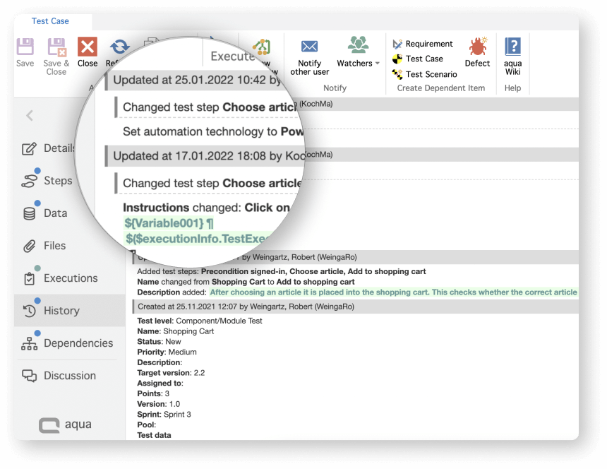 Usage of test management solution aqua
