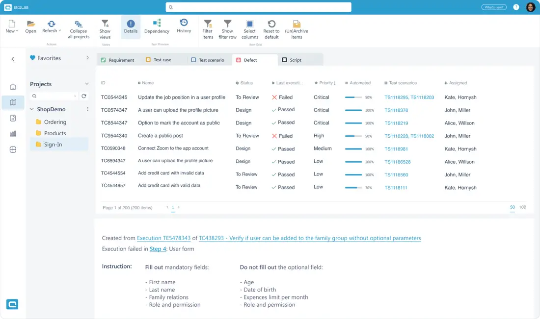 dashboard of test case management software